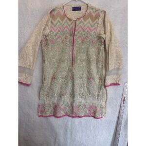 Sana Safinaz Womens Medium Embroidered Tunic Kurta Top Pink‎ Green Beige Floral
